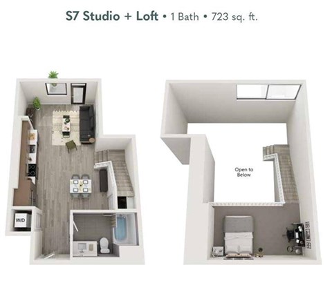 Floor plan for studio, 1 bath, 723 sqft